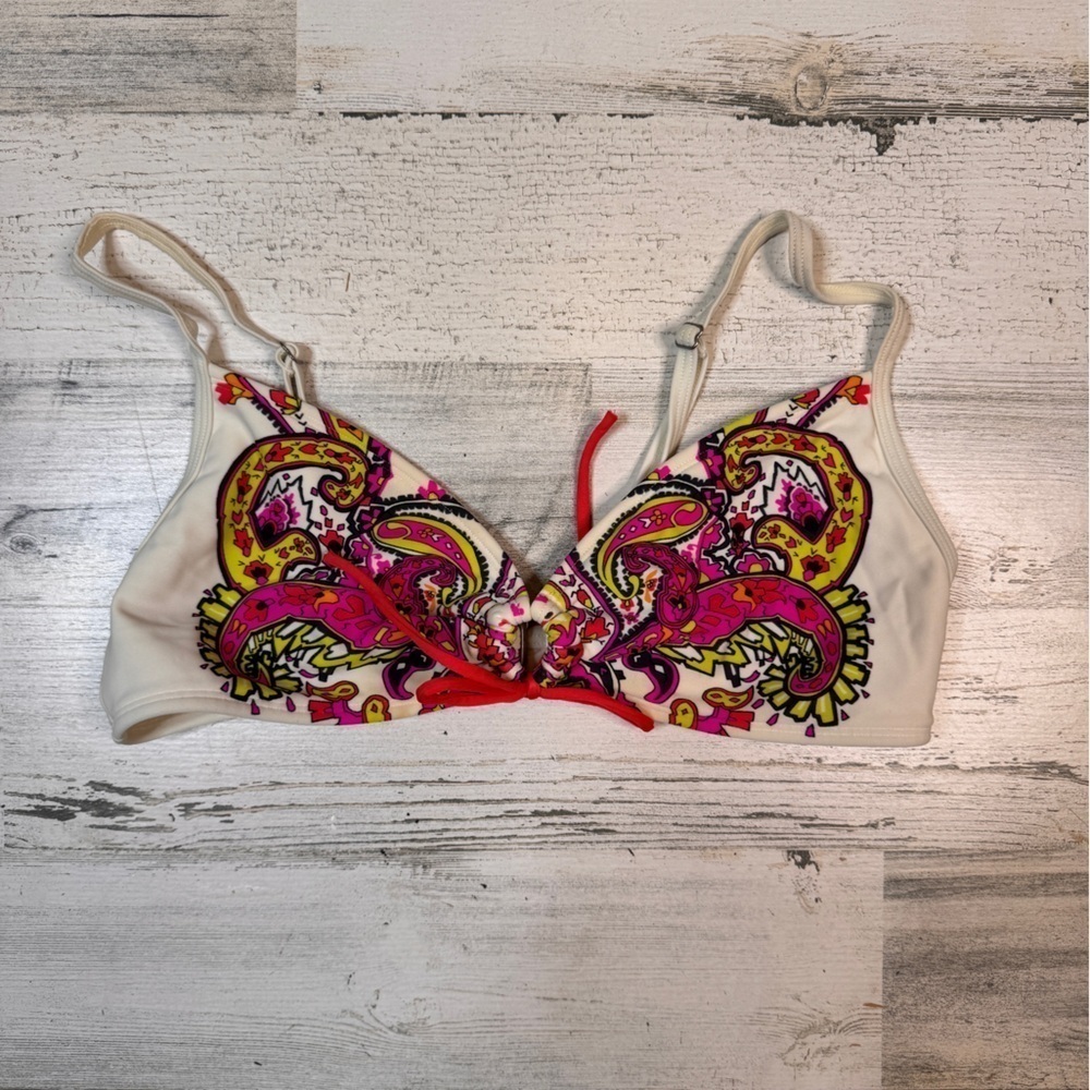 Athleta Zanzibar Scrunch Bikini Top Pink Green White Size Medium Dragonfly